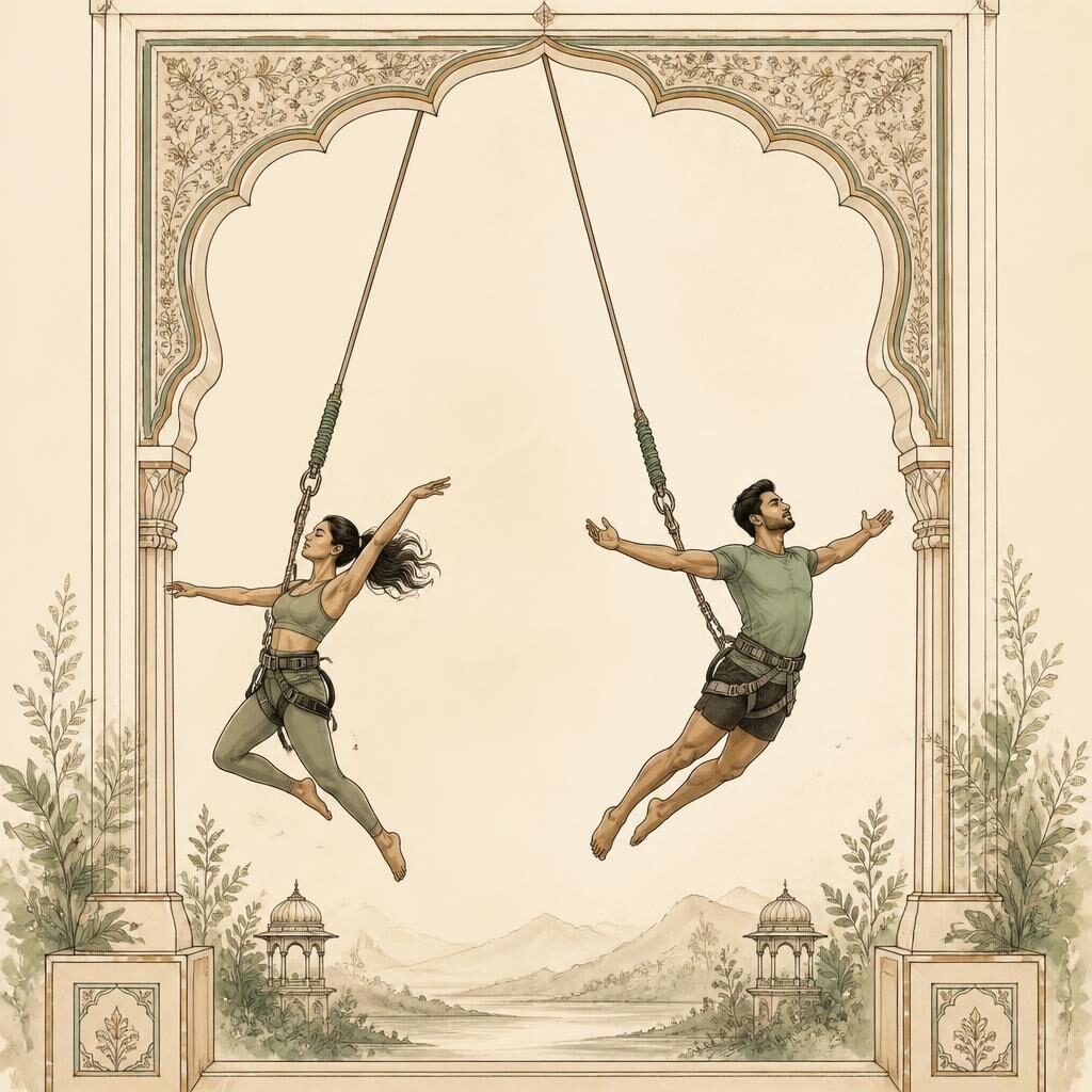 Hand-drawn illustration of a woman suspended in a bungee harness within an arched Indian doorway