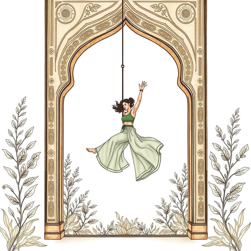 Hand-drawn illustration of a woman suspended in a bungee harness within an arched Indian doorway